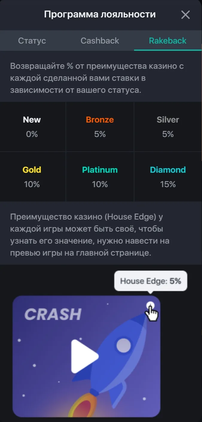 Рейкбэк Кешер Казино — возврат House Edge: Bronze 5%, Gold 10%, Diamond 15%